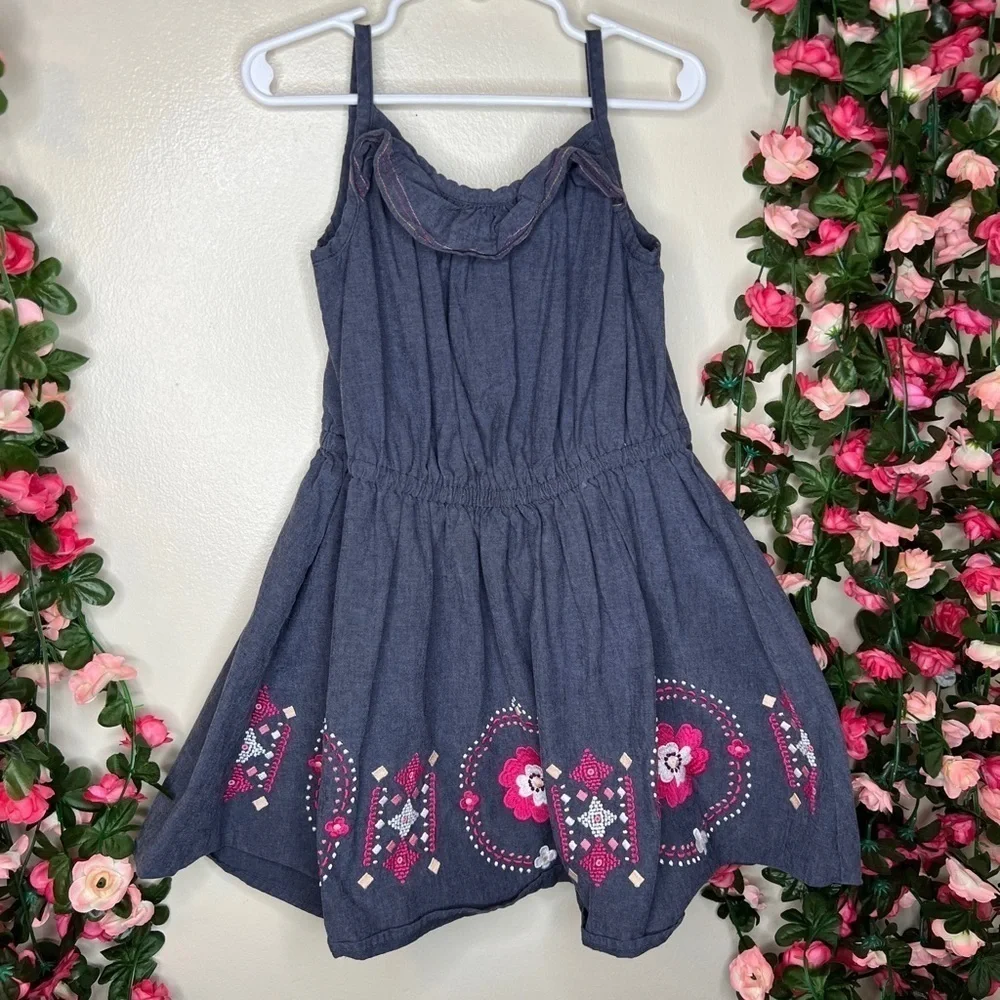 Gymboree Girls Blue Chambray Embroidered Dress Spaghetti Strap 6 Casual
